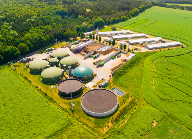 Aerial view of agricultural operations with anaerobic digestors